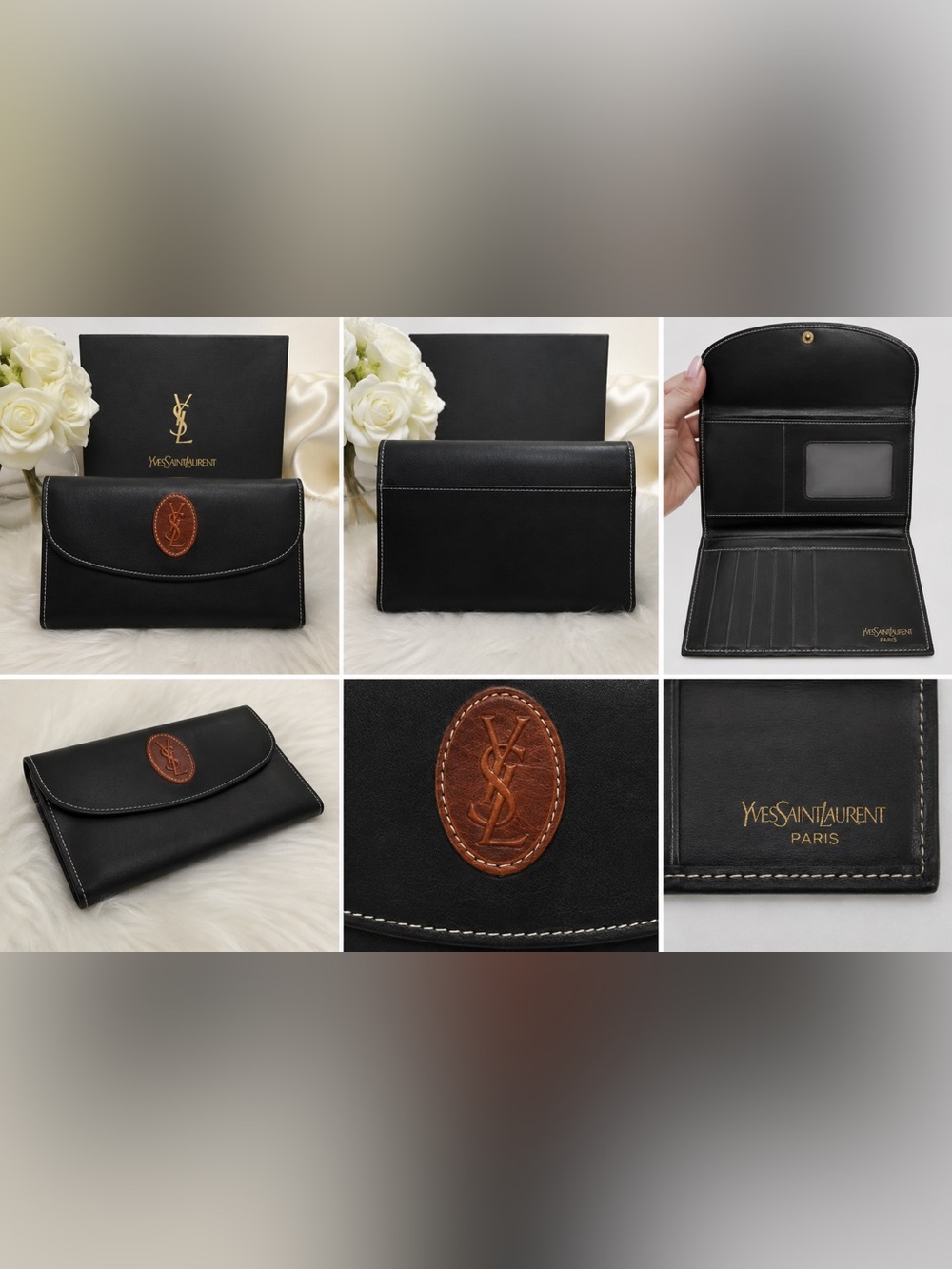 Yves Saint Laurent Black Leather Wallet with White stitching EUC - Picture 3 of 13